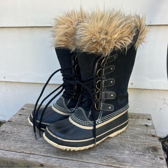 Sorel Joan of Arc Black Furry Snow Winter Lace Up Boots NL1540-010 Size 6 - Picture 1 of 6